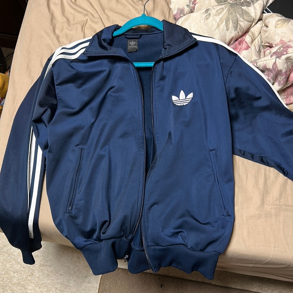 Navy blue and white Adidas zip up sweatshirt
